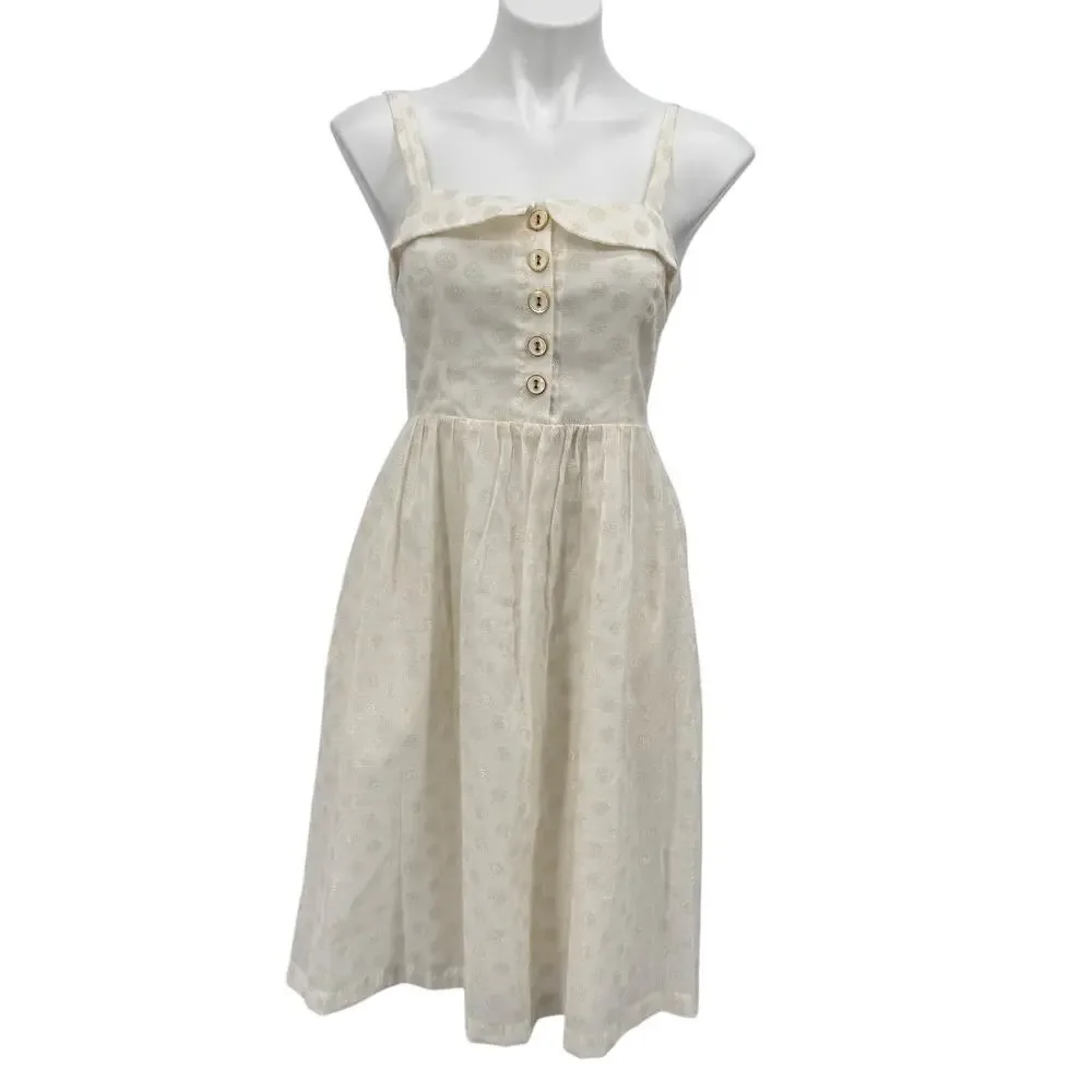 Maeve Polka Dot Dress Women SZ M White Gold Metallic Boho Cottagecore Chic Soft